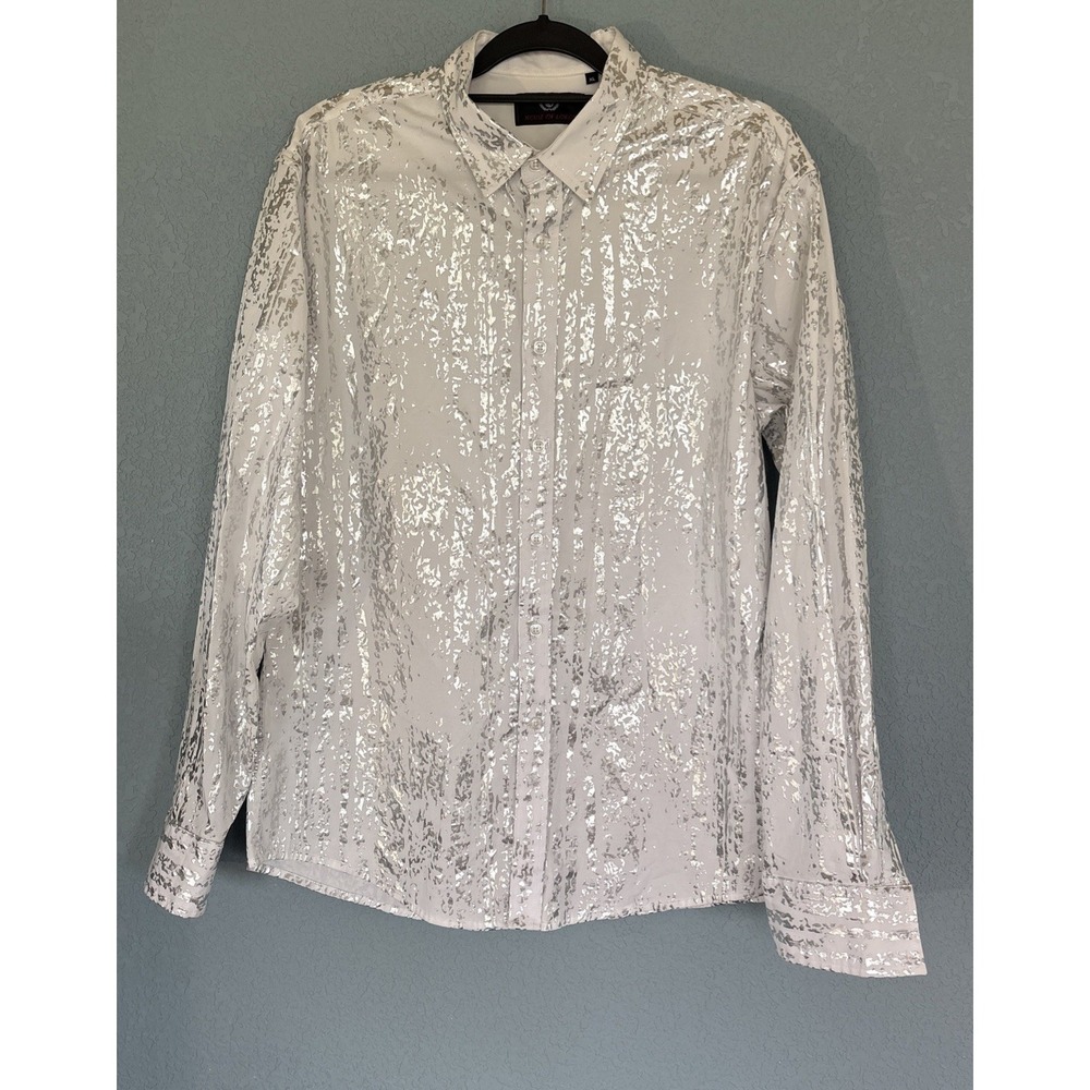 House of Lords Button‎ Up Shirt Men's XL  Long Sleeve White Silver Lame Disco